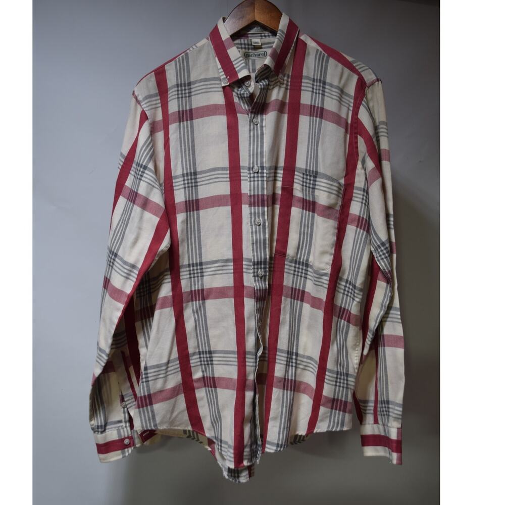 Vintage Cacharel Men’s Large Plaid Button Down Shirt Red Gray Cream